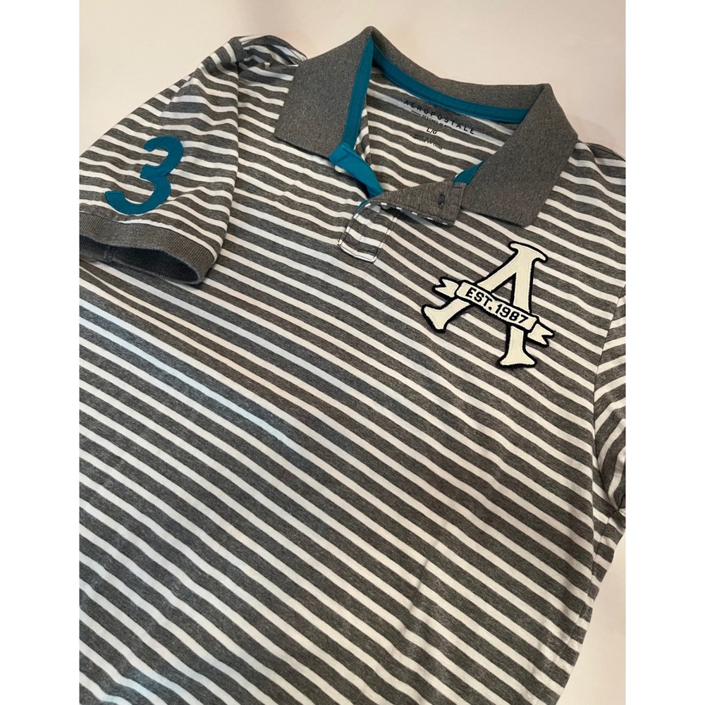 Aeropostale Men's Gray White Short Sleeve Polo‎ Shirt Size Large
